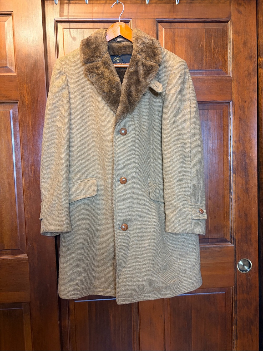Vintage 70’s McGregor Wool Overcoat Faux Sherpa Lined Herringbone Tweed Funnel
